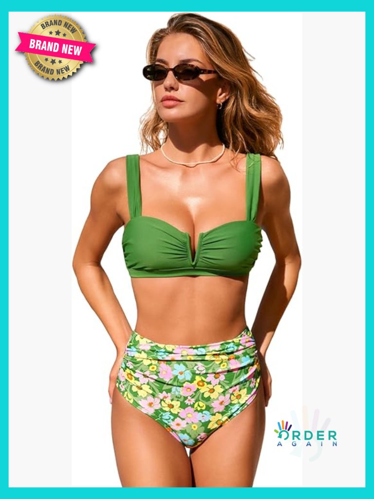 V Wire Bandeau Bikini Set High Waisted Ruched Tummy Control Two Piece Padded